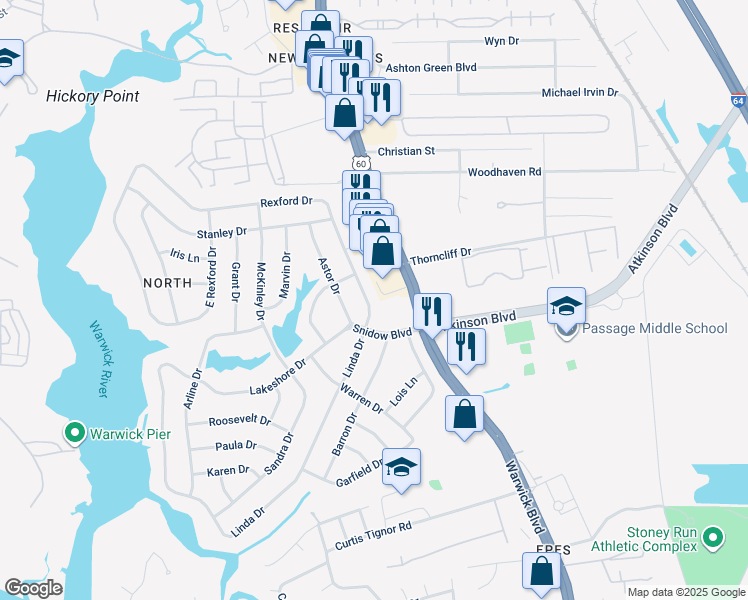 map of restaurants, bars, coffee shops, grocery stores, and more near 10 Rexford Drive in Newport News