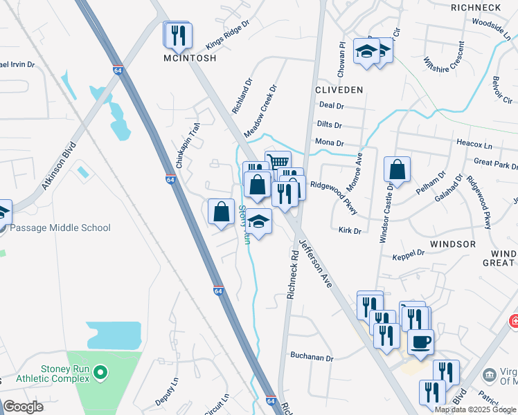 map of restaurants, bars, coffee shops, grocery stores, and more near 12917 Jefferson Avenue in Newport News