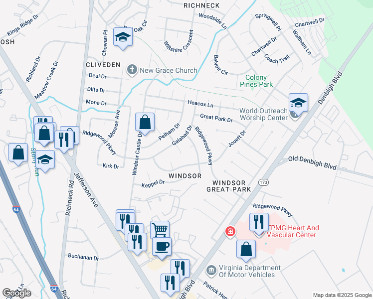 map of restaurants, bars, coffee shops, grocery stores, and more near 51 Magna Carta Drive in Newport News