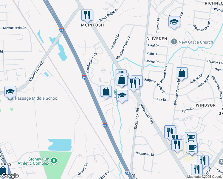 map of restaurants, bars, coffee shops, grocery stores, and more near 12917 Jefferson Avenue in Newport News