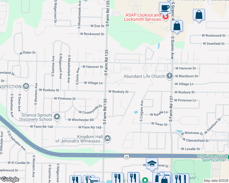 map of restaurants, bars, coffee shops, grocery stores, and more near 3040 West Village Lane in Springfield