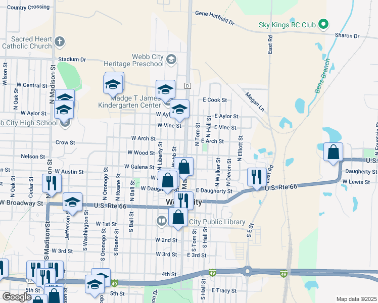 map of restaurants, bars, coffee shops, grocery stores, and more near 100-198 East Arch Street in Webb City