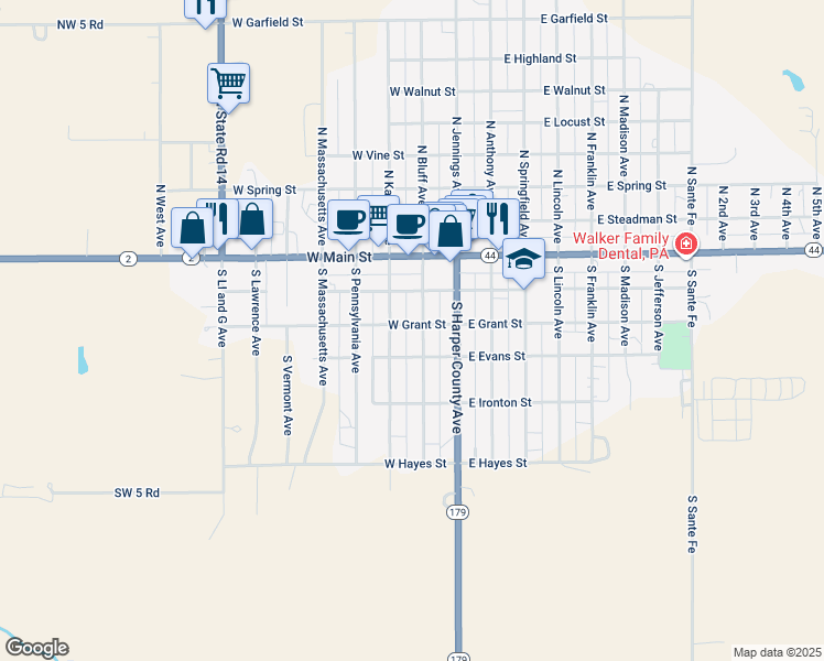 map of restaurants, bars, coffee shops, grocery stores, and more near 221-299 South Kansas Avenue in Anthony