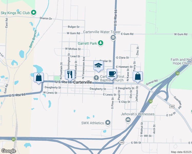 map of restaurants, bars, coffee shops, grocery stores, and more near 210 East Hall Street in Carterville