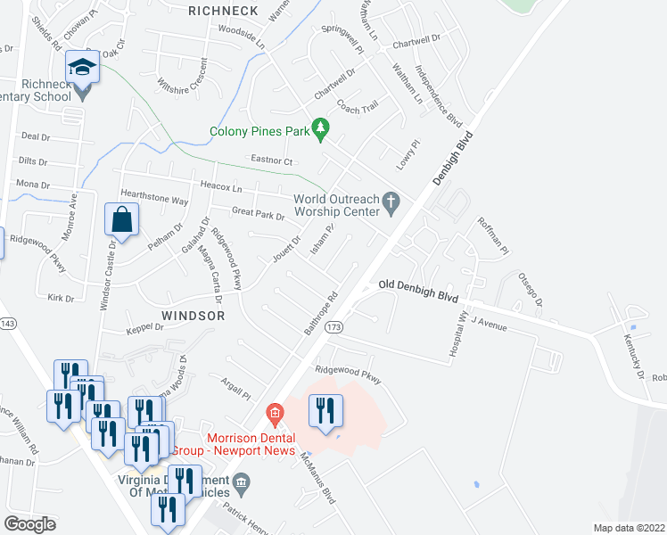 map of restaurants, bars, coffee shops, grocery stores, and more near 830 Hailsham Place in Newport News