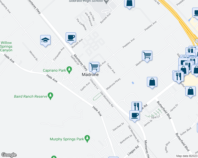 map of restaurants, bars, coffee shops, grocery stores, and more near 19010 Monterey Road in Morgan Hill