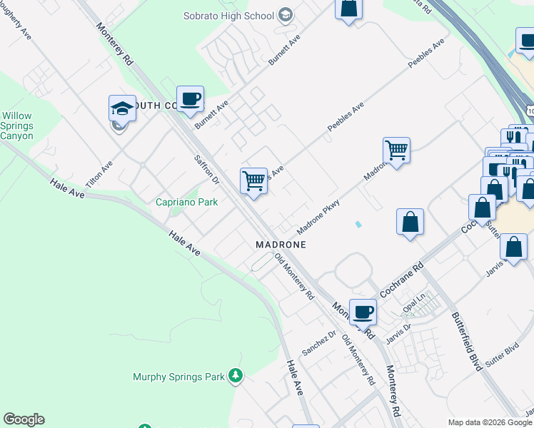 map of restaurants, bars, coffee shops, grocery stores, and more near 19095 Rose Lane in Morgan Hill