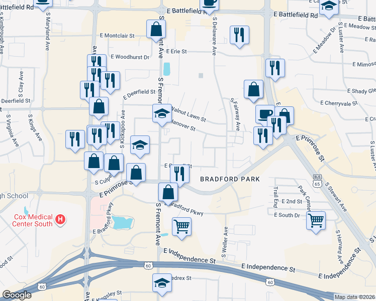map of restaurants, bars, coffee shops, grocery stores, and more near 3466 S Welwood Ave in Springfield