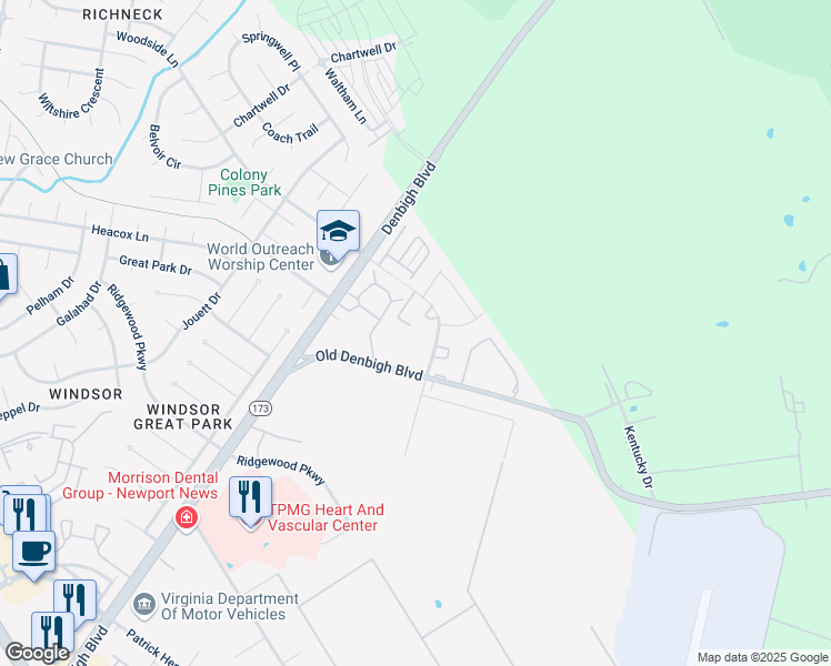 map of restaurants, bars, coffee shops, grocery stores, and more near 12737 Woodside Lane in Newport News