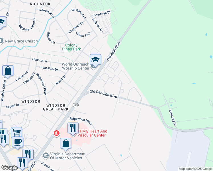map of restaurants, bars, coffee shops, grocery stores, and more near 1070 Palmerton Drive in Newport News