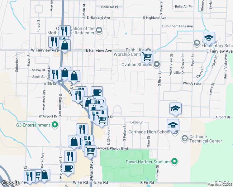 map of restaurants, bars, coffee shops, grocery stores, and more near 2210 Benjamin Dr in Carthage