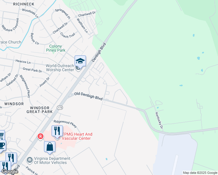 map of restaurants, bars, coffee shops, grocery stores, and more near 1 Betty Lee Place in Newport News