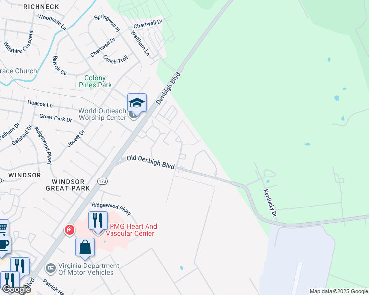 map of restaurants, bars, coffee shops, grocery stores, and more near 2 Betty Lee Place in Newport News