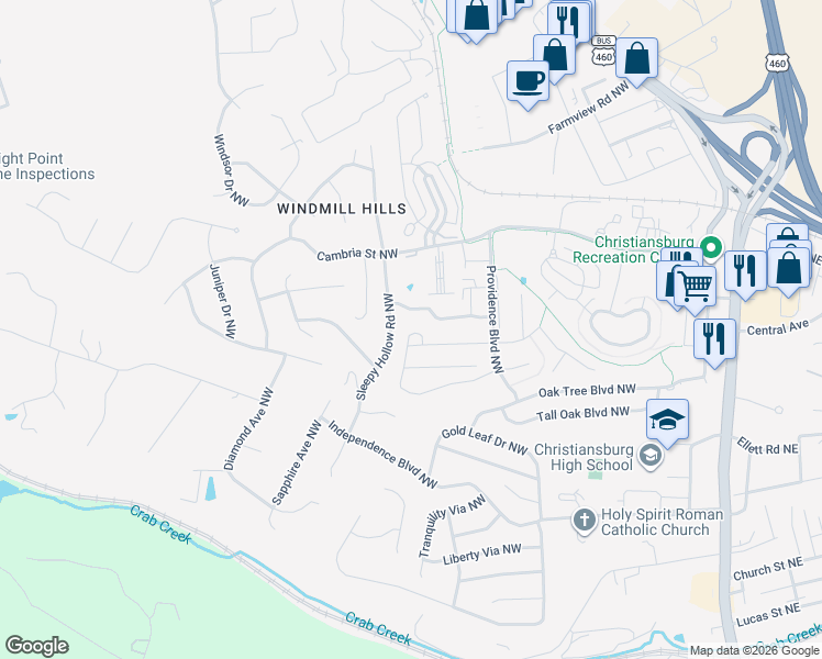 map of restaurants, bars, coffee shops, grocery stores, and more near 625 Pin Oak Drive Northwest in Christiansburg