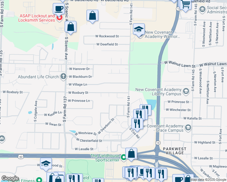map of restaurants, bars, coffee shops, grocery stores, and more near 2343 West Roxbury Street in Springfield