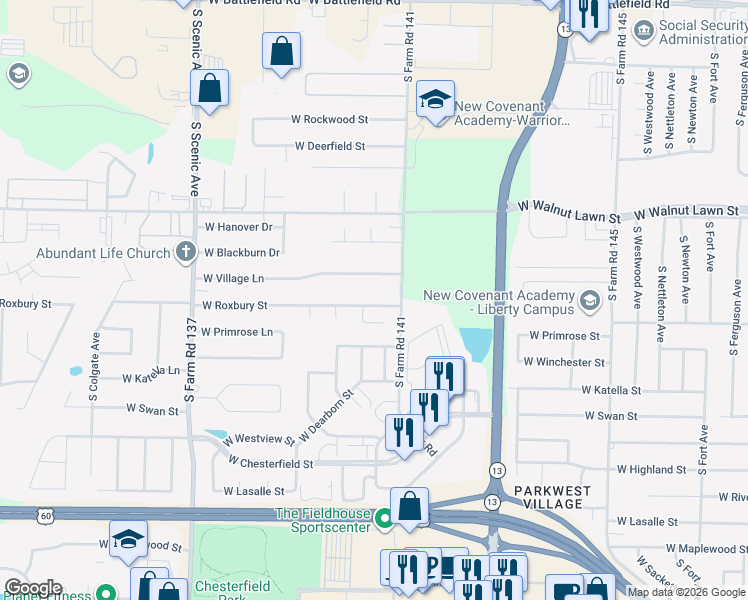 map of restaurants, bars, coffee shops, grocery stores, and more near 2214 West Village Lane in Springfield