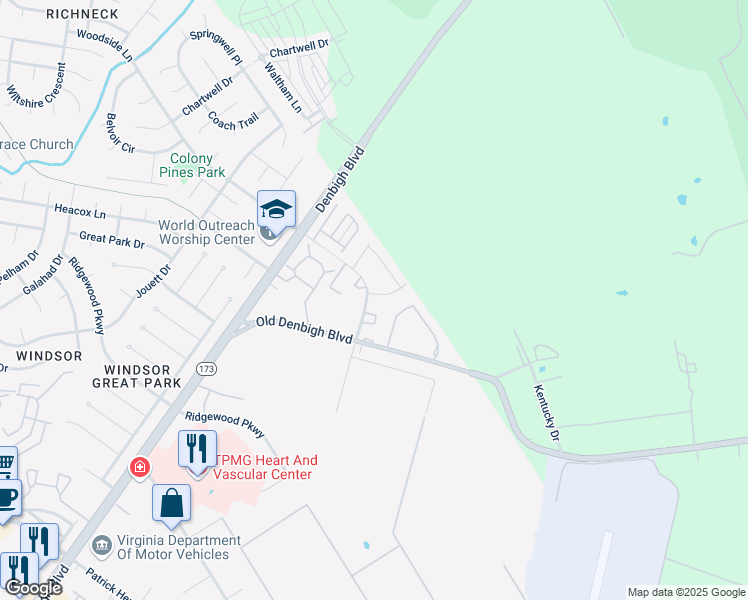map of restaurants, bars, coffee shops, grocery stores, and more near 1 Betty Lee Place in Newport News
