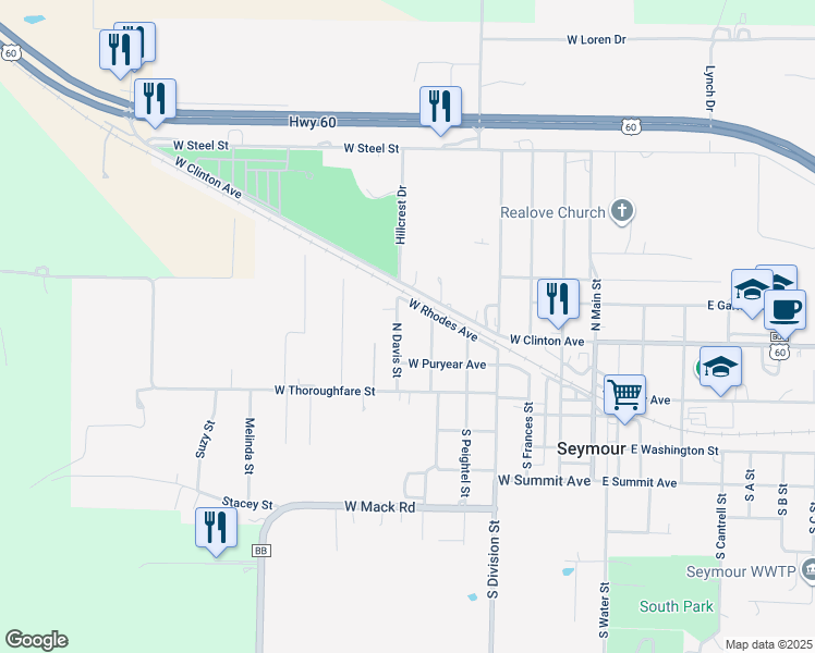map of restaurants, bars, coffee shops, grocery stores, and more near 600-698 West Rhodes Avenue in Seymour