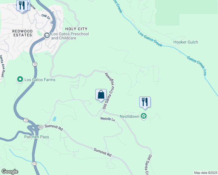 map of restaurants, bars, coffee shops, grocery stores, and more near 22187 Old Santa Cruz Highway in Los Gatos