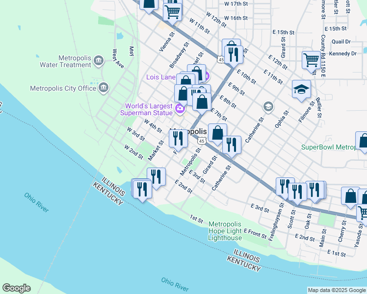 map of restaurants, bars, coffee shops, grocery stores, and more near 116 East 4th Street in Metropolis