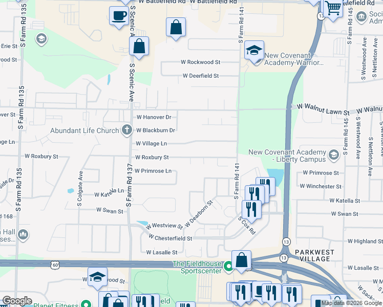 map of restaurants, bars, coffee shops, grocery stores, and more near 2424 West Village Lane in Springfield
