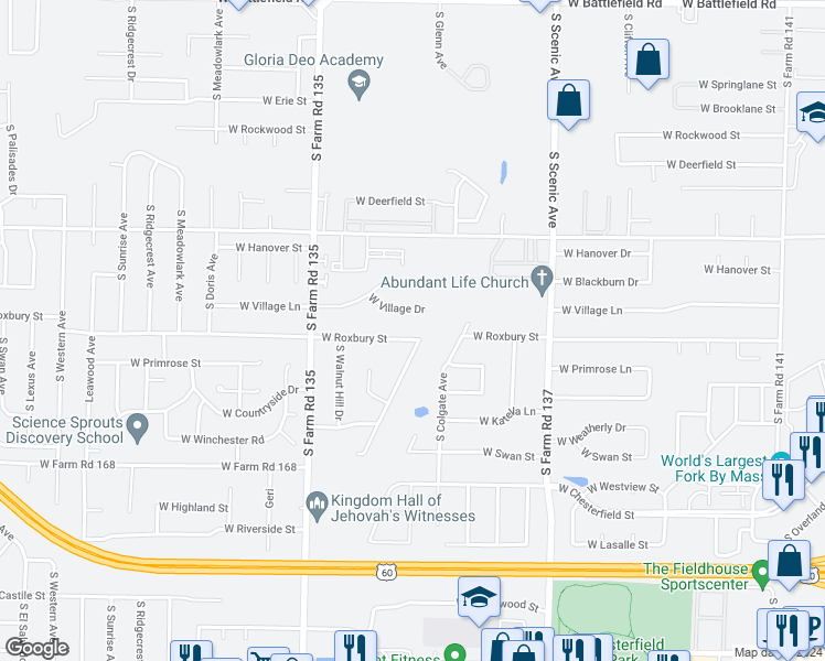 map of restaurants, bars, coffee shops, grocery stores, and more near 2925 West Roxbury Street in Springfield