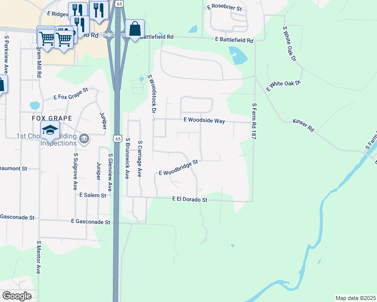 map of restaurants, bars, coffee shops, grocery stores, and more near 3376 South Victoria Court in Springfield