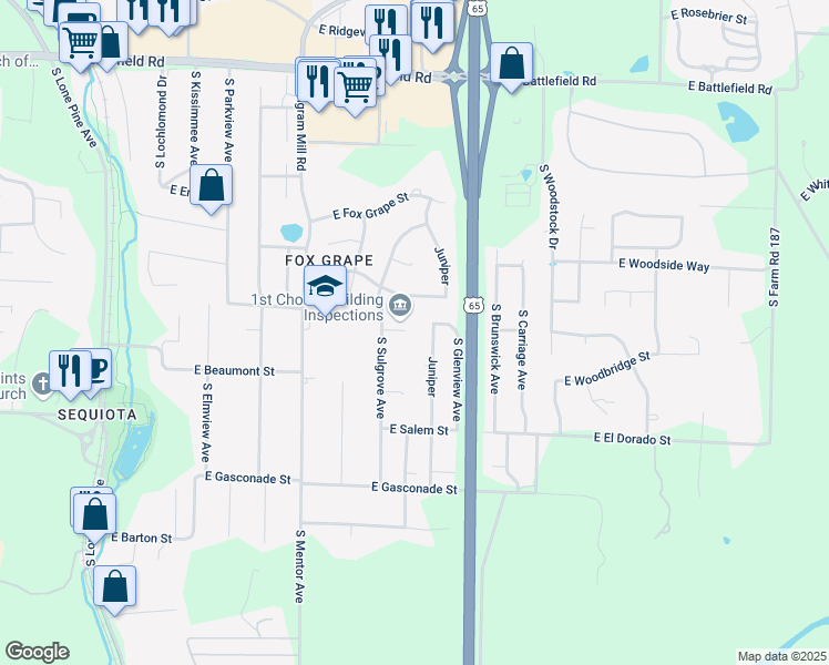 map of restaurants, bars, coffee shops, grocery stores, and more near 3400 East Hoke Drive in Springfield