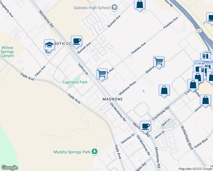 map of restaurants, bars, coffee shops, grocery stores, and more near 19100 Monterey Road in Morgan Hill