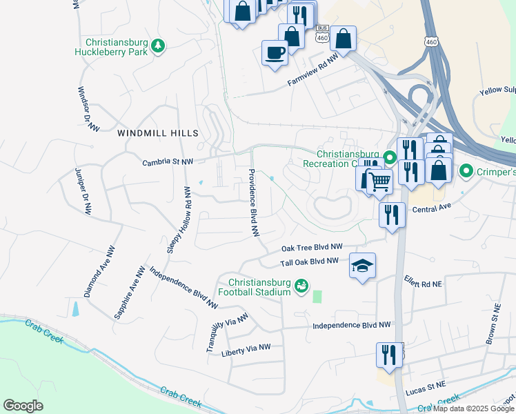 map of restaurants, bars, coffee shops, grocery stores, and more near 1475 Providence Boulevard Northwest in Christiansburg
