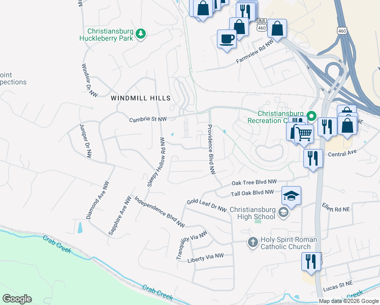 map of restaurants, bars, coffee shops, grocery stores, and more near 565 Tarrytown Road Northwest in Christiansburg