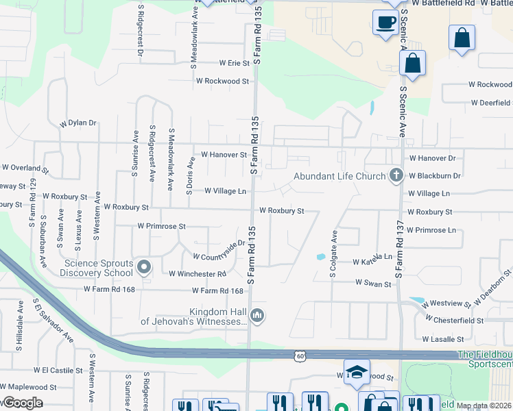 map of restaurants, bars, coffee shops, grocery stores, and more near 3116 West Village Lane in Springfield