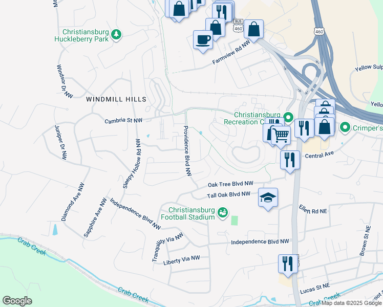 map of restaurants, bars, coffee shops, grocery stores, and more near 1475 Providence Boulevard Northwest in Christiansburg