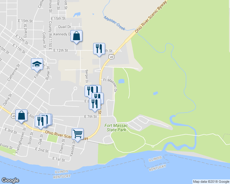 map of restaurants, bars, coffee shops, grocery stores, and more near Fort Massac Drive in Metropolis