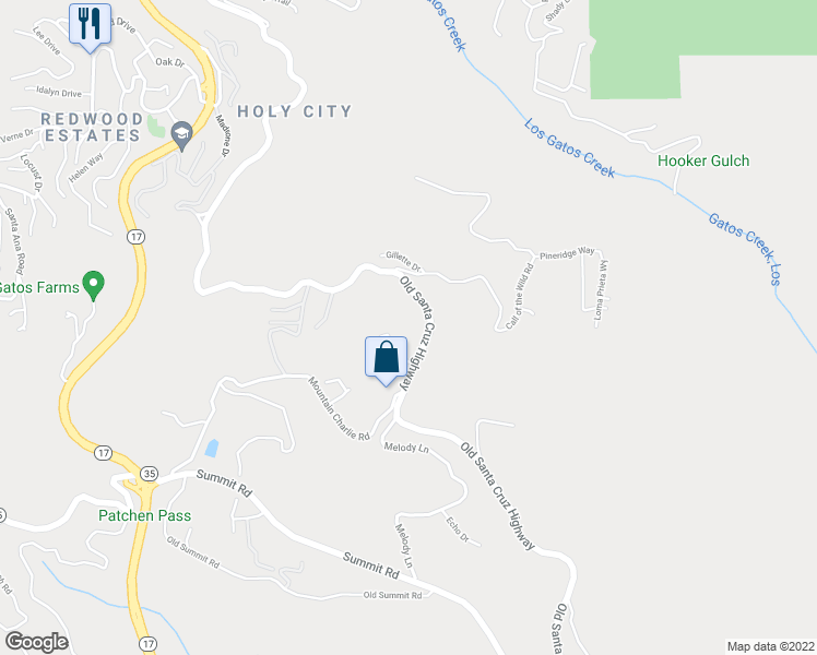 map of restaurants, bars, coffee shops, grocery stores, and more near 22187 Old Santa Cruz Highway in Los Gatos