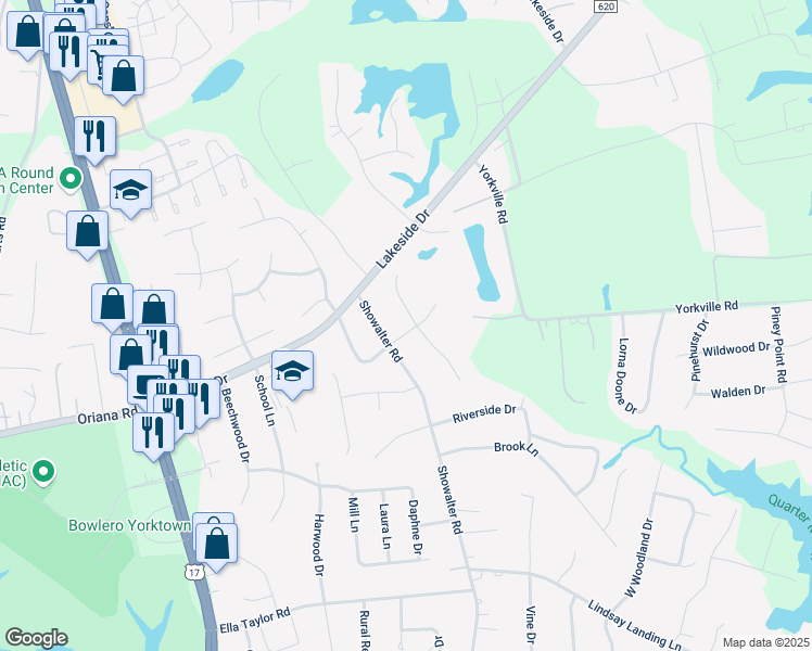 map of restaurants, bars, coffee shops, grocery stores, and more near 201 Castellow Court in Yorktown