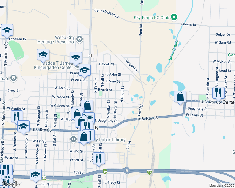 map of restaurants, bars, coffee shops, grocery stores, and more near 400-498 East Arch Street in Webb City
