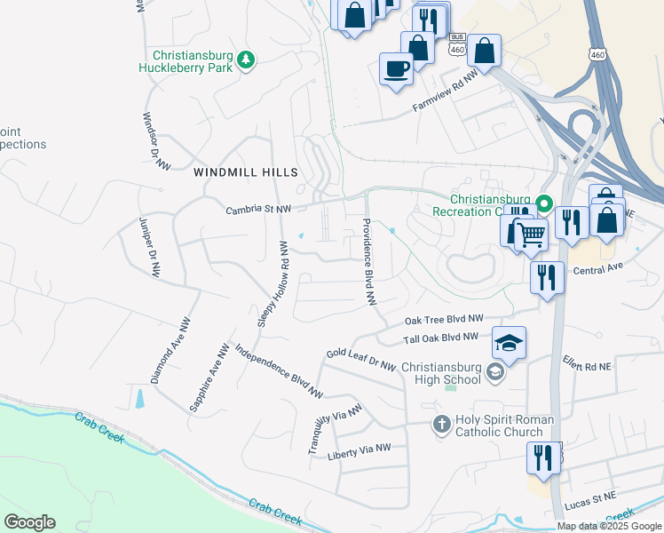 map of restaurants, bars, coffee shops, grocery stores, and more near 565 Tarrytown Road Northwest in Christiansburg