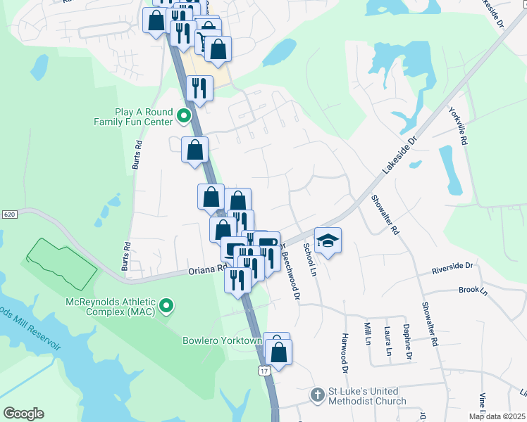 map of restaurants, bars, coffee shops, grocery stores, and more near 108 Edgewood Court in Yorktown