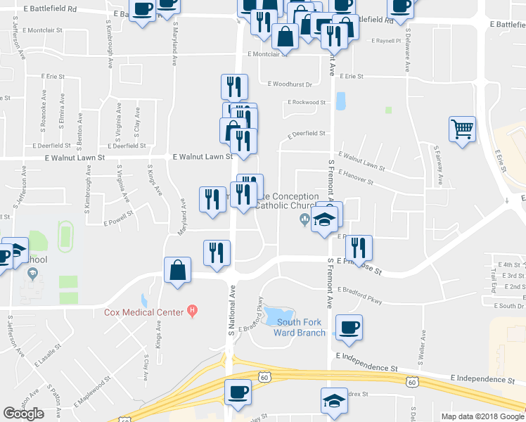 map of restaurants, bars, coffee shops, grocery stores, and more near 3506 South Culpepper Circle in Springfield