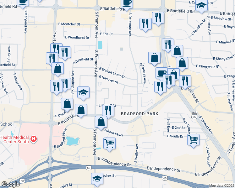 map of restaurants, bars, coffee shops, grocery stores, and more near 3465 S Pickwick Ave in Springfield