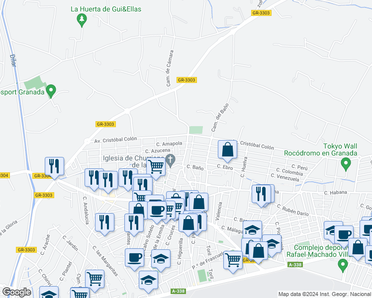 map of restaurants, bars, coffee shops, grocery stores, and more near Camino Cementerio in Churriana de la Vega