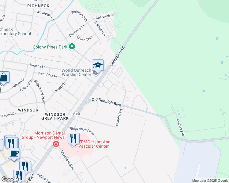 map of restaurants, bars, coffee shops, grocery stores, and more near 12813 Tahiska Lane in Newport News