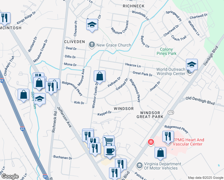 map of restaurants, bars, coffee shops, grocery stores, and more near 709 Galahad Drive in Newport News