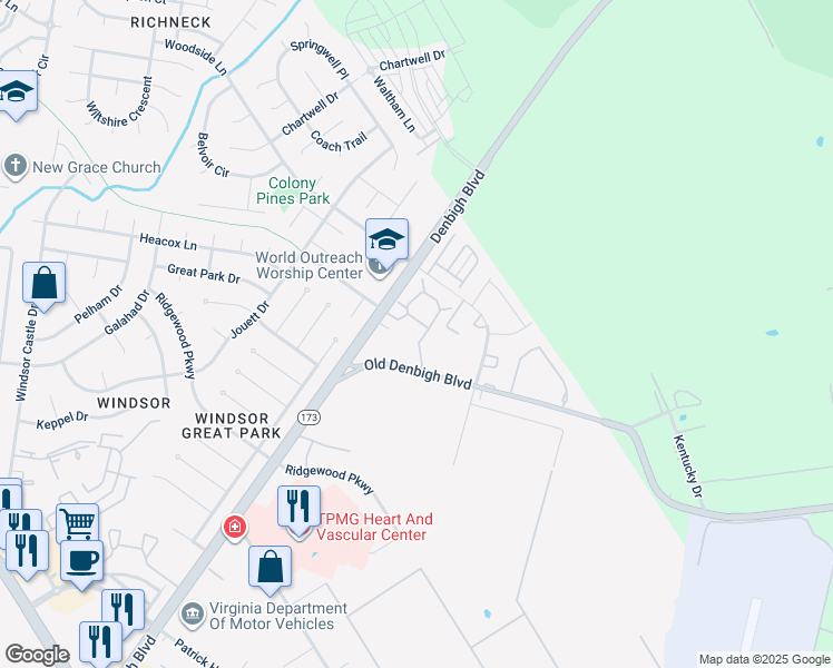 map of restaurants, bars, coffee shops, grocery stores, and more near 1069 Palmerton Drive in Newport News