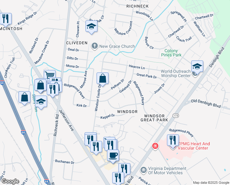 map of restaurants, bars, coffee shops, grocery stores, and more near 709 Galahad Drive in Newport News