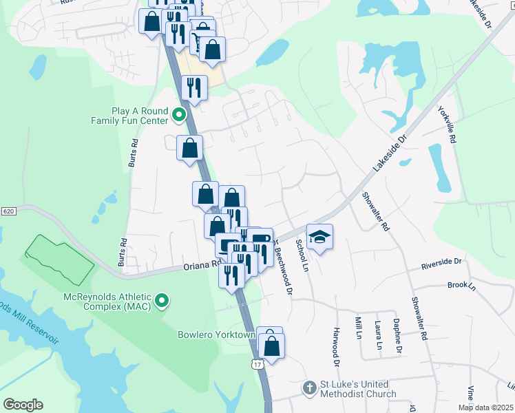 map of restaurants, bars, coffee shops, grocery stores, and more near 108 Edgewood Court in Yorktown