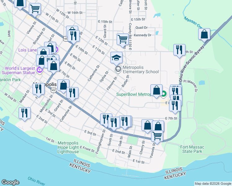 map of restaurants, bars, coffee shops, grocery stores, and more near 801-899 Butler St in Metropolis