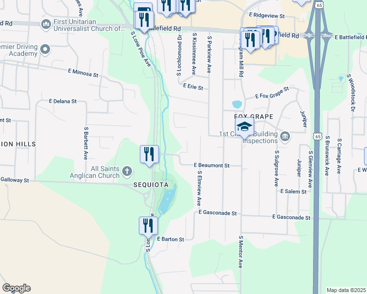 map of restaurants, bars, coffee shops, grocery stores, and more near 3424 South Hall Avenue in Springfield
