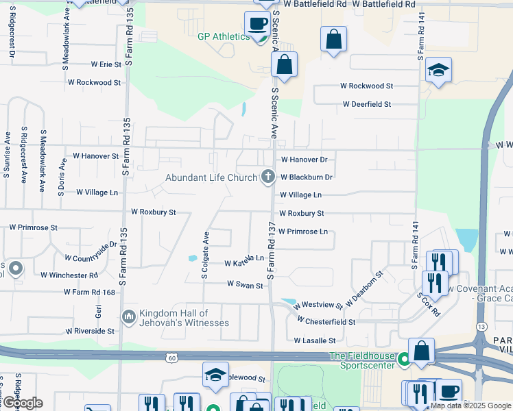 map of restaurants, bars, coffee shops, grocery stores, and more near 3531 South Farm Road 137 in Springfield